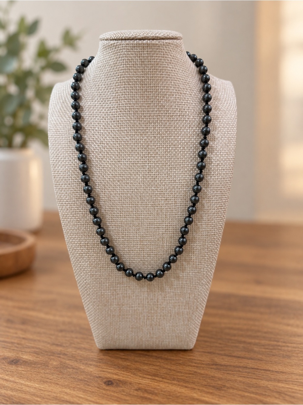 Hematite Beaded Necklace Gunmetal Gray Round Beads Gold Tone Clasp